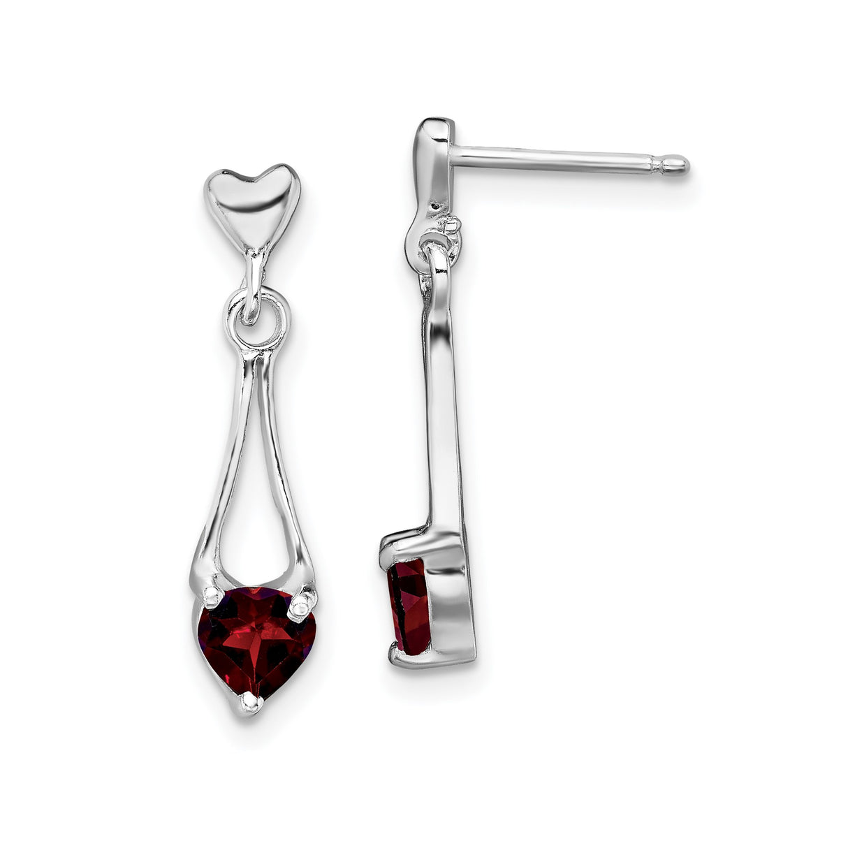 Sterling Silver Heart Shaped Dangle Earrings with Garnet and Silver Heart Accents