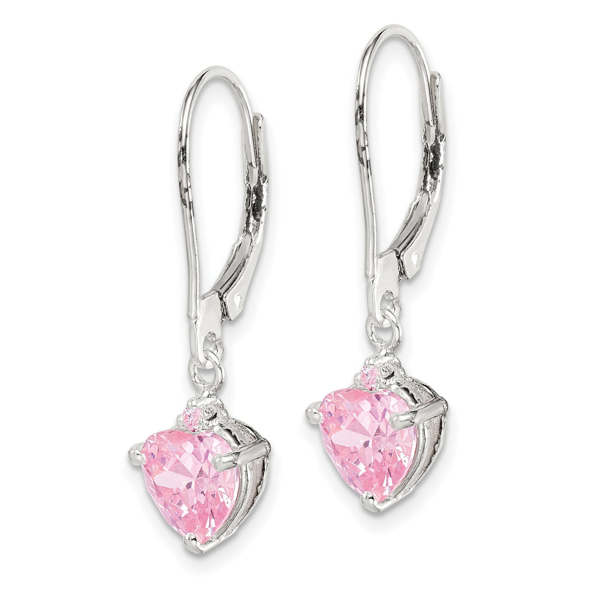 Sterling Silver Heart Leverback Earrings with Pink Cubic Zirconia Dangle Design for Women