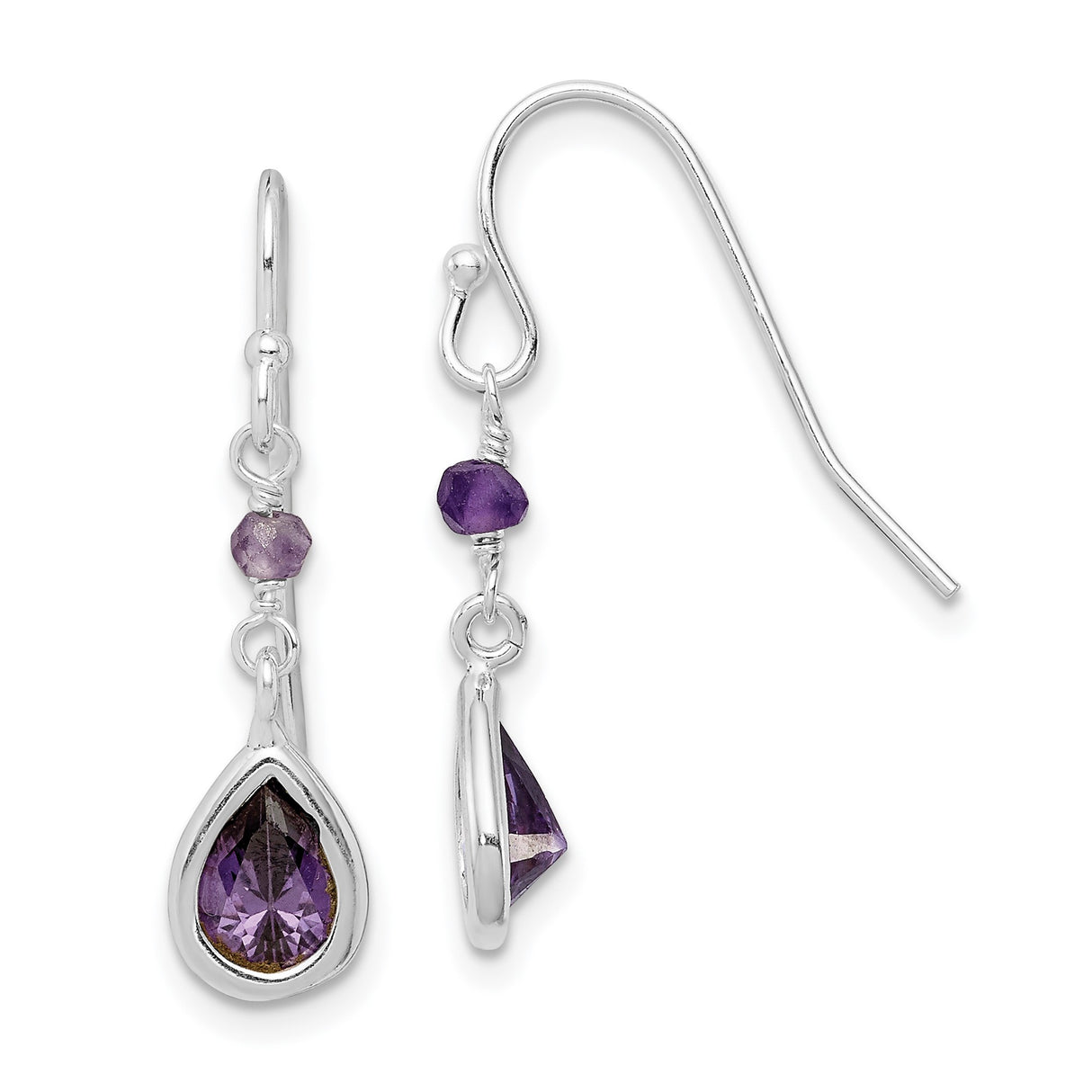 Sterling Silver Teardrop Dangle Earrings with Amethyst and Cubic Zirconia, Boho Chic Style
