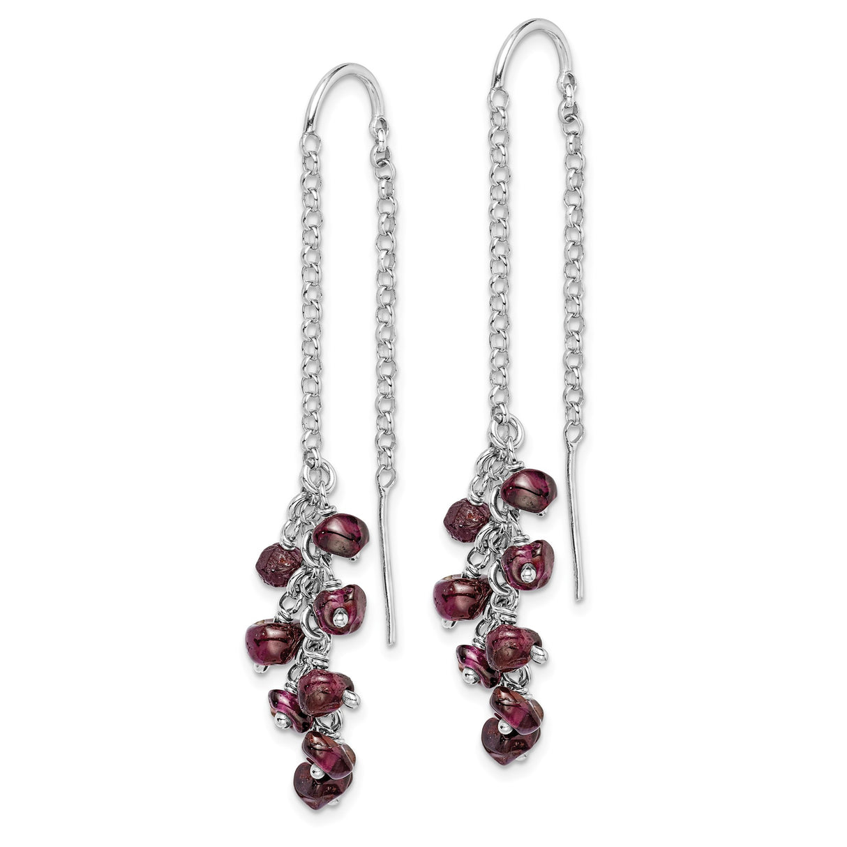 Sterling Silver Threader Earrings with Garnet Chips, Long Drop Dangle Boho Cluster Style