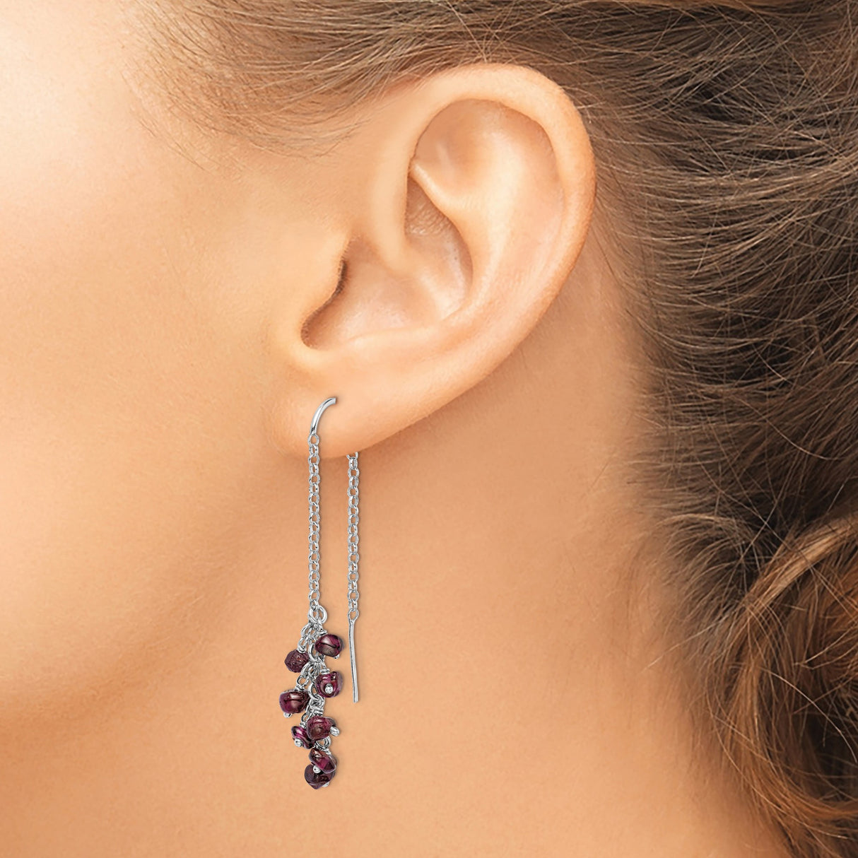 Sterling Silver Threader Earrings with Garnet Chips, Long Drop Dangle Boho Cluster Style