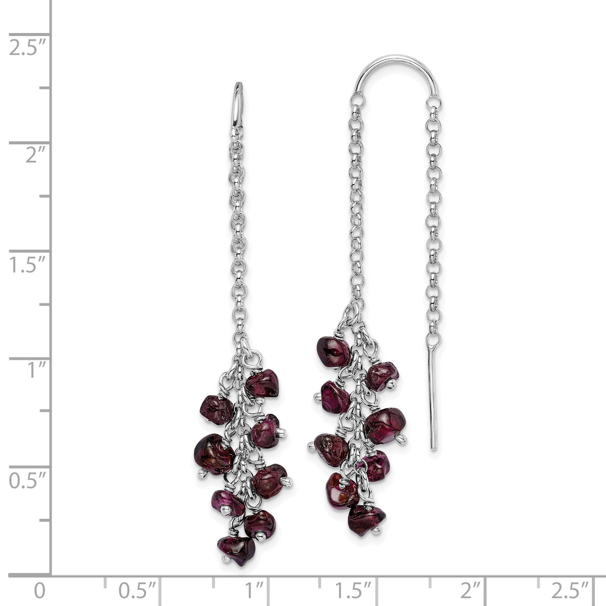 Sterling Silver Threader Earrings with Garnet Chips, Long Drop Dangle Boho Cluster Style