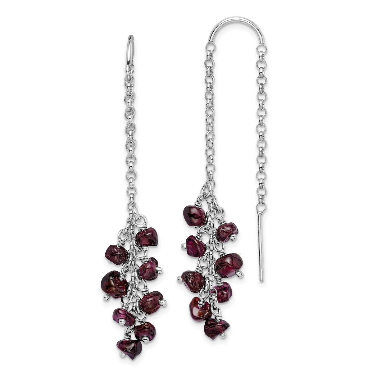 Sterling Silver Threader Earrings with Garnet Chips, Long Drop Dangle Boho Cluster Style
