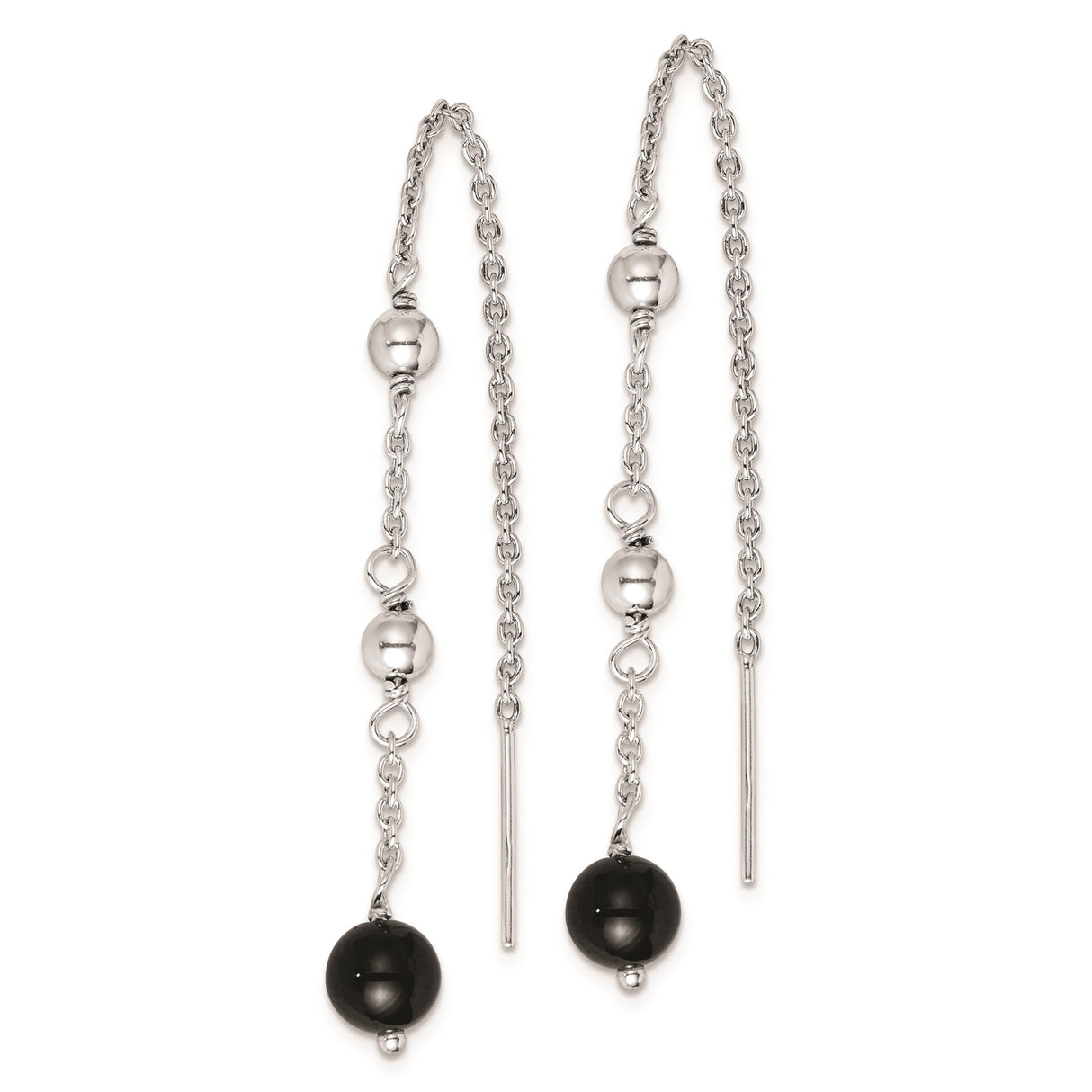 Sterling Silver Threader Earrings with Black Onyx Ball Drops, Minimalist Long Dangle Design