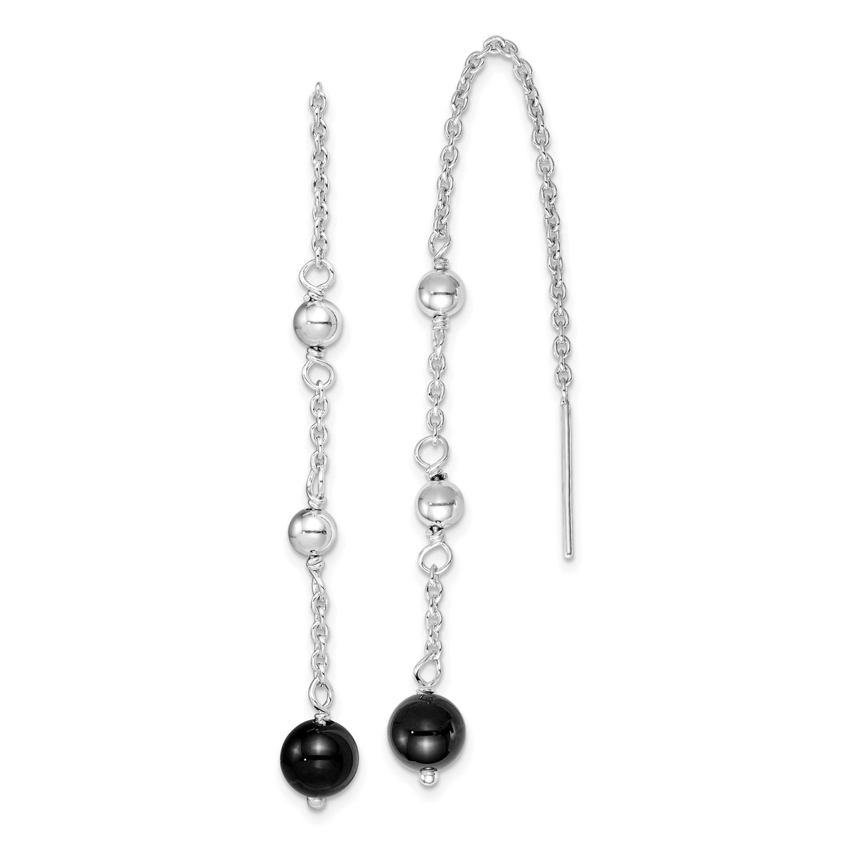 Sterling Silver Threader Earrings with Black Onyx Ball Drops, Minimalist Long Dangle Design