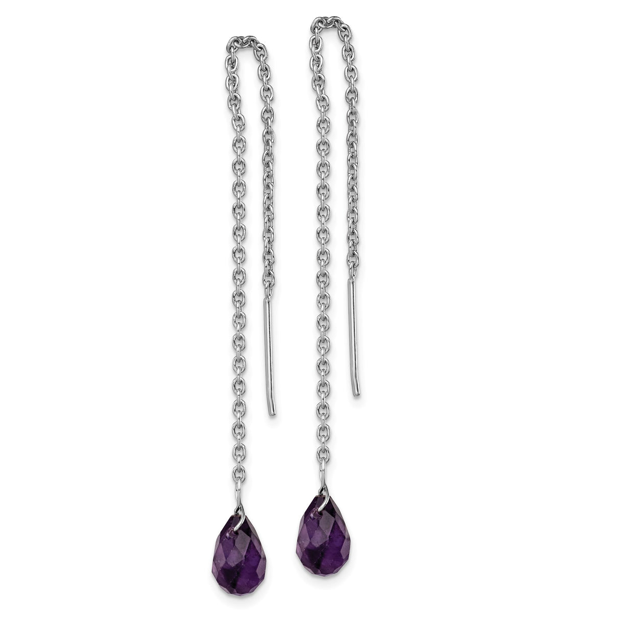 Sterling Silver Threader Earrings with Amethyst Teardrop, Long Minimalist Dangle Design