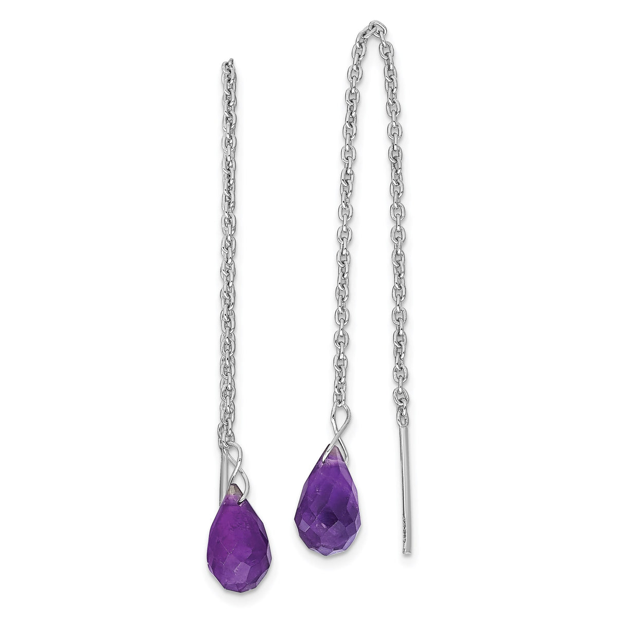 Sterling Silver Threader Earrings with Amethyst Teardrop, Long Minimalist Dangle Design