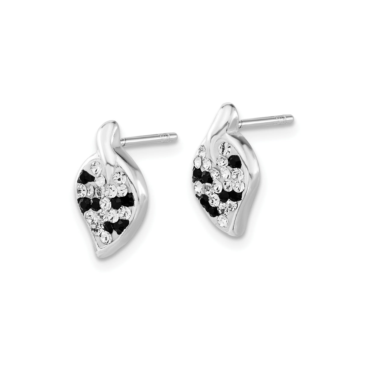 Sterling Silver Leaf Stud Earrings with Clear and Black Cubic Zirconia, Nature-Inspired Design
