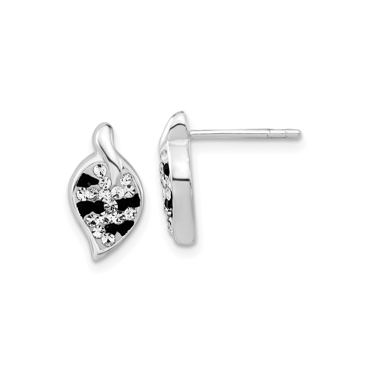 Sterling Silver Leaf Stud Earrings with Clear and Black Cubic Zirconia, Nature-Inspired Design