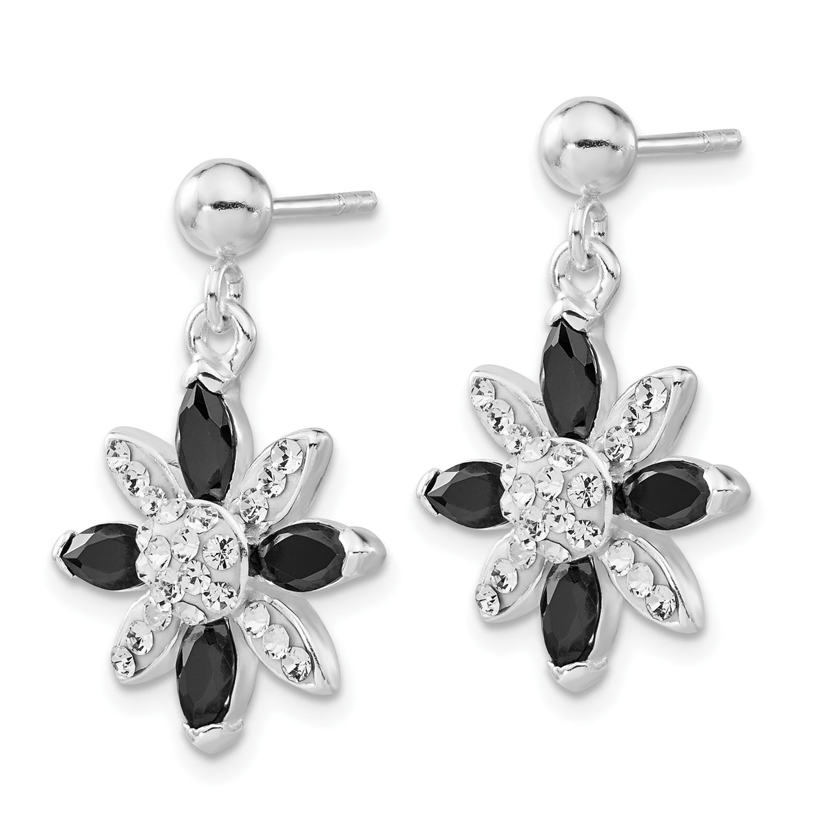Sterling Silver Flower Stud Earrings with Cubic Zirconia and Crystal, Drop Floral Design