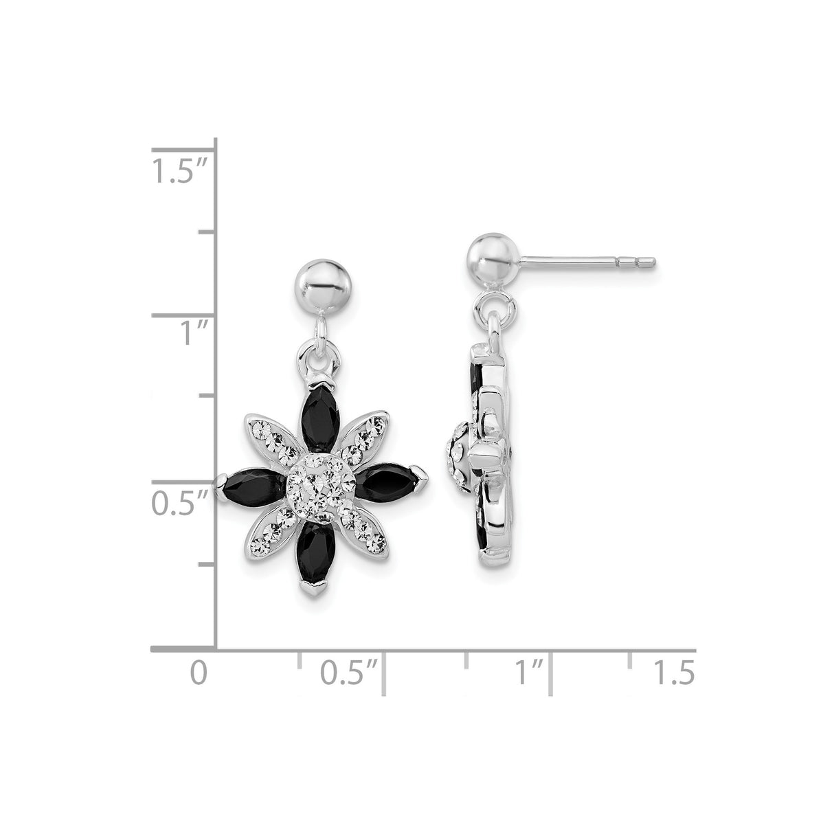 Sterling Silver Flower Stud Earrings with Cubic Zirconia and Crystal, Drop Floral Design