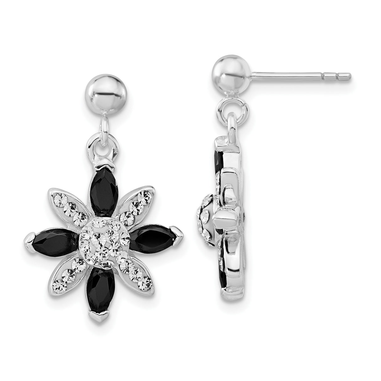 Sterling Silver Flower Stud Earrings with Cubic Zirconia and Crystal, Drop Floral Design