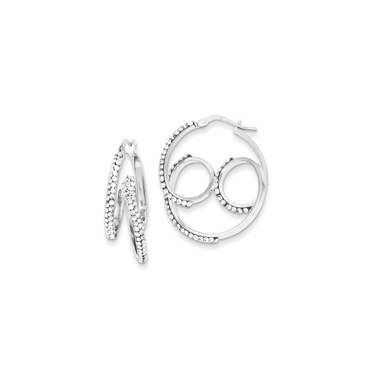 Sterling Silver Double Hoop Earrings with Clear Crystal Accents, Twisted Modern Design