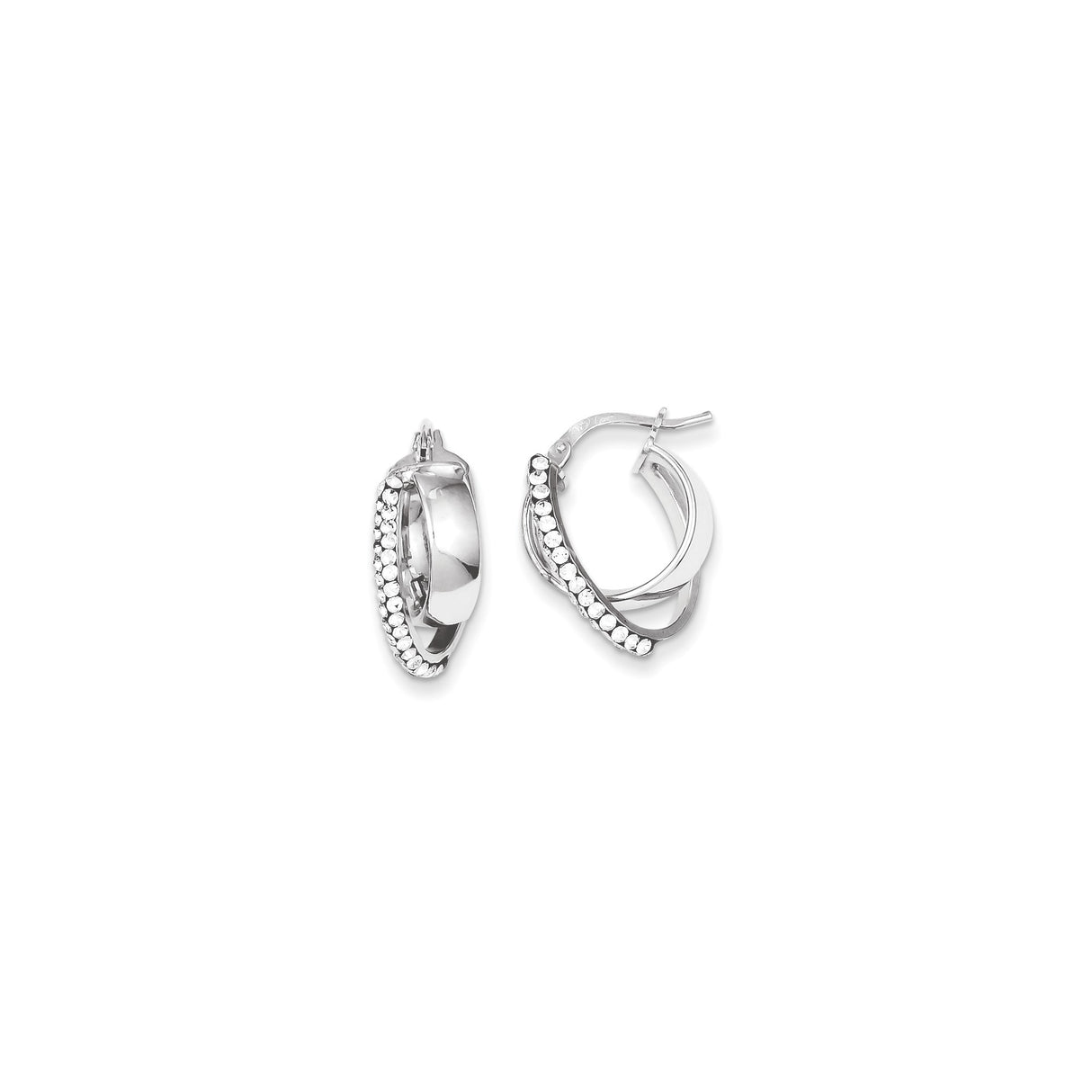 Sterling Silver Hoop Earrings with Cubic Zirconia, Double Crossover Polished and Pavé Design