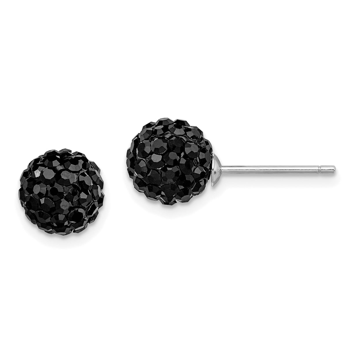 Sterling Silver Stud Earrings with Black Crystal Ball, Sparkly Disco Ball Style