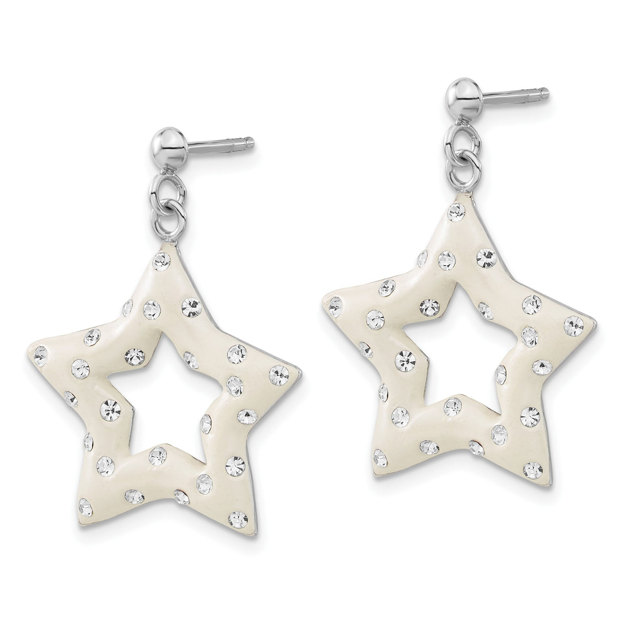 Sterling Silver Star Dangle Earrings with Cream Enamel and Clear Crystal Accents