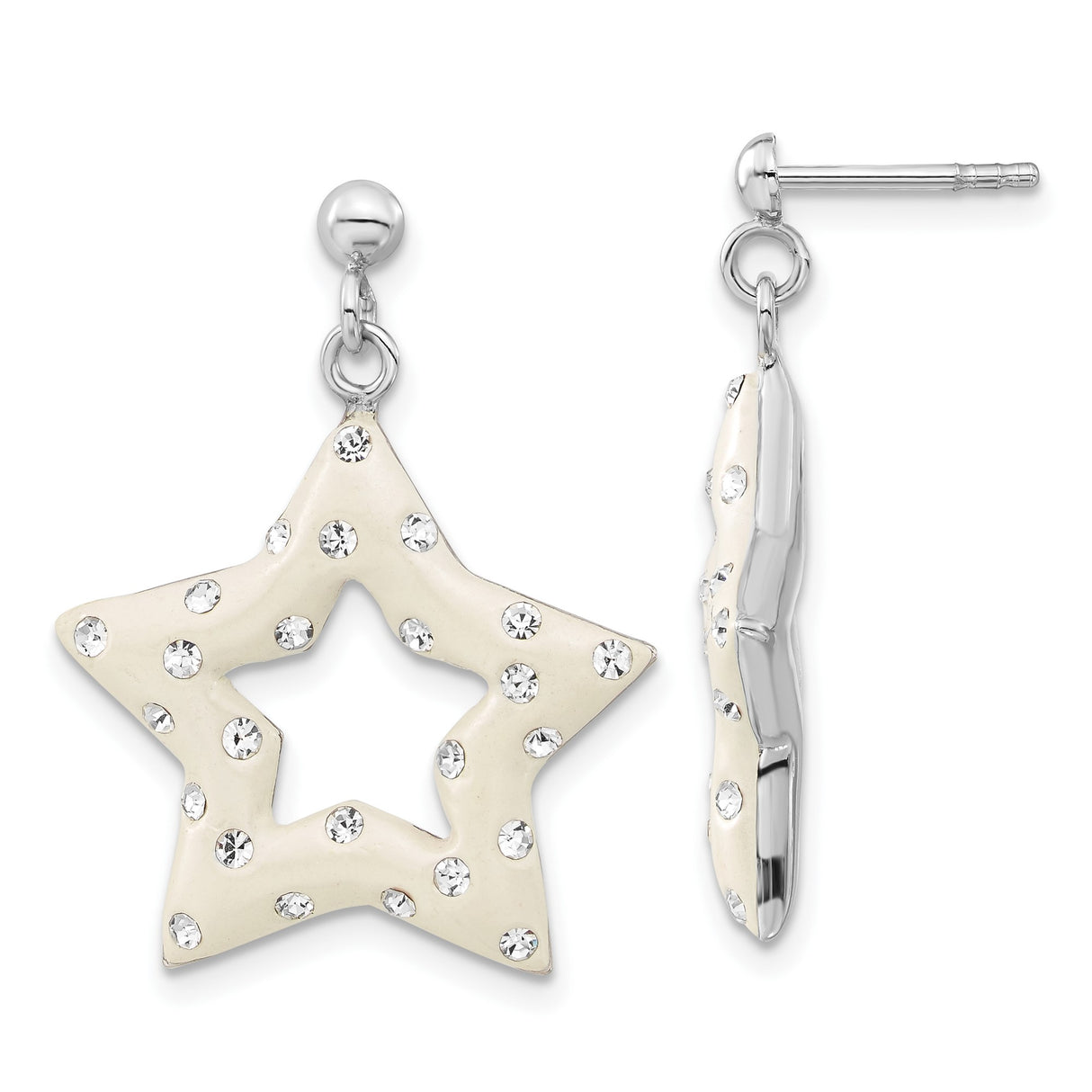 Sterling Silver Star Dangle Earrings with Cream Enamel and Clear Crystal Accents