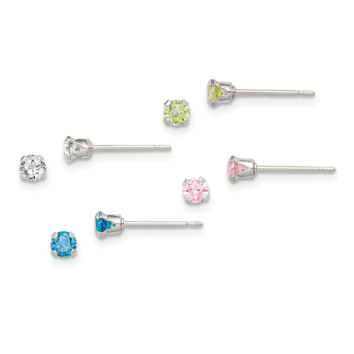 Sterling Silver Stud Earrings Set with Round Cut Cubic Zirconia in Blue, Green, Pink, and Clear