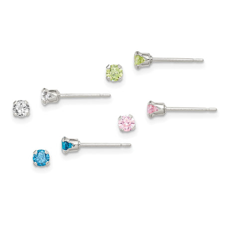 Sterling Silver Stud Earrings Set with Round Cut Cubic Zirconia in Blue, Green, Pink, and Clear