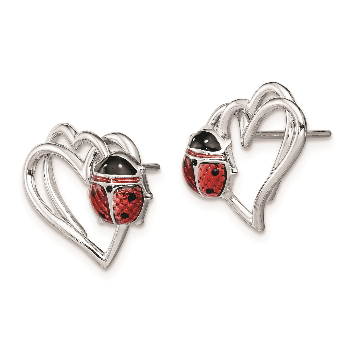 Sterling Silver Heart Shaped Ladybug Earrings with Red and Black Enamel Accents
