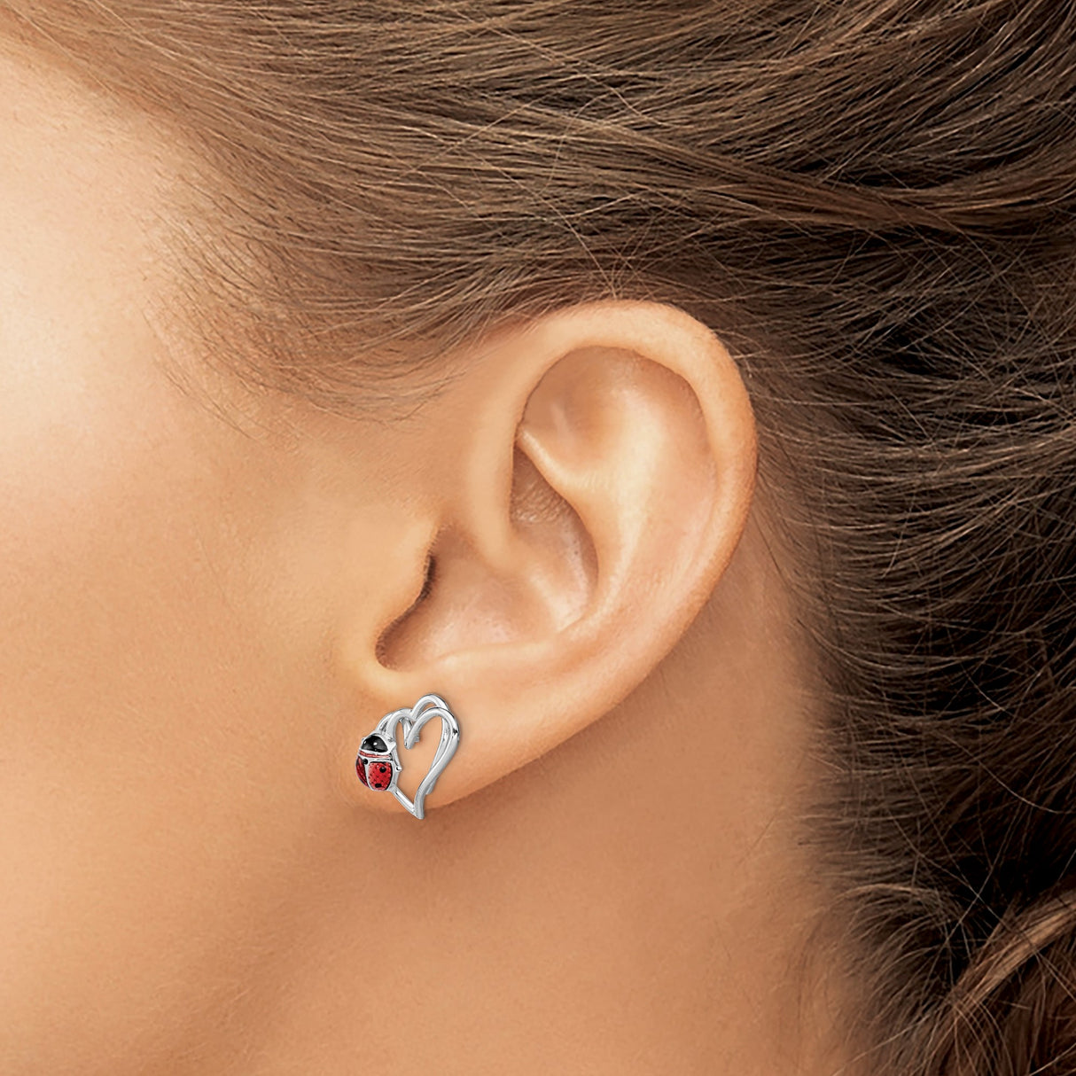 Sterling Silver Heart Shaped Ladybug Earrings with Red and Black Enamel Accents