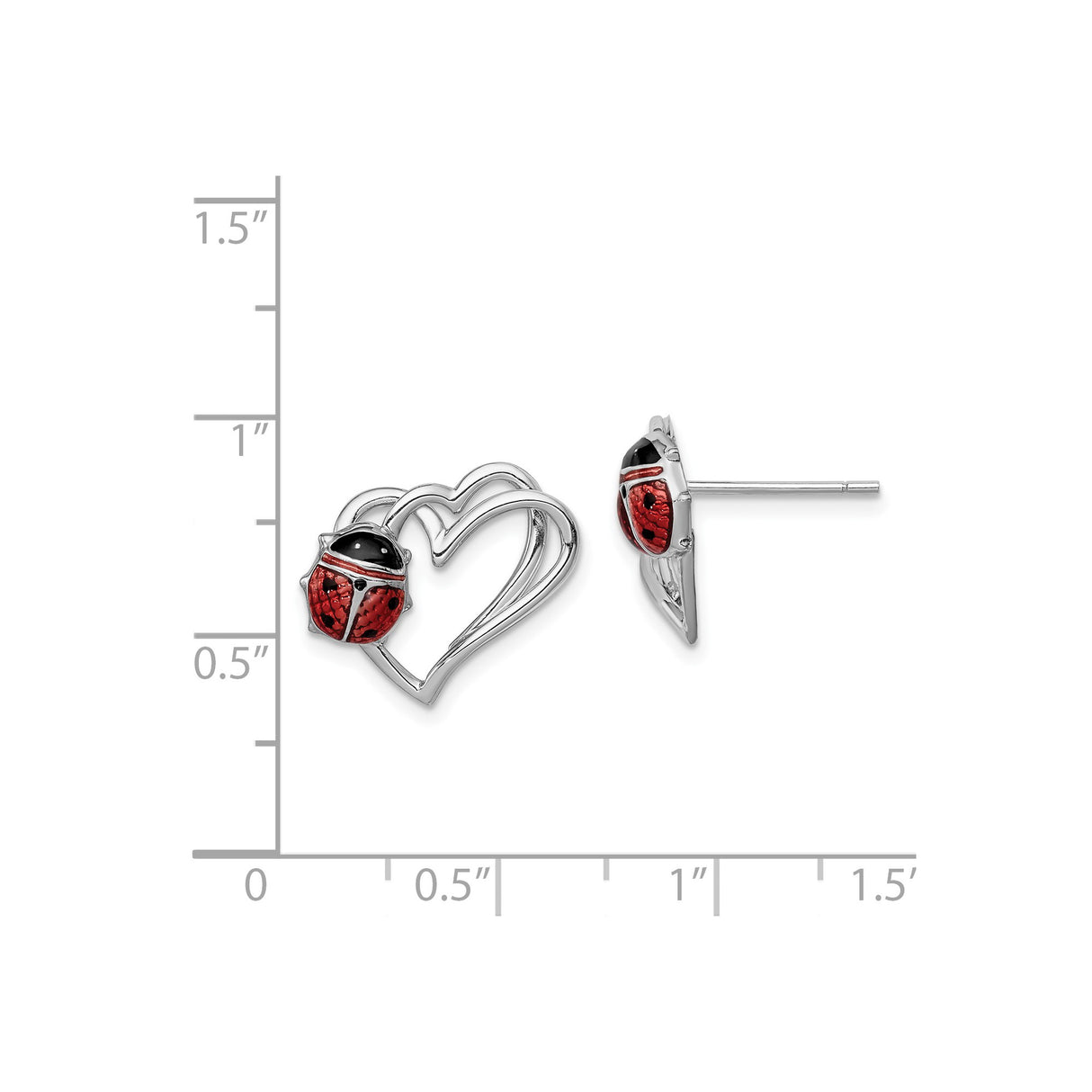 Sterling Silver Heart Shaped Ladybug Earrings with Red and Black Enamel Accents