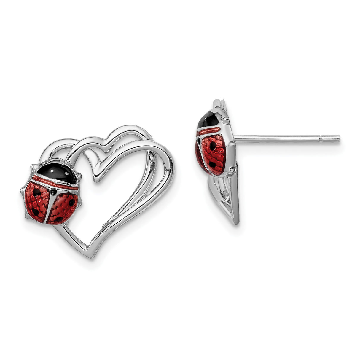 Sterling Silver Heart Shaped Ladybug Earrings with Red and Black Enamel Accents