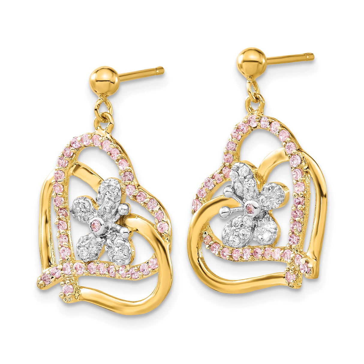 Sterling Silver Heart Shaped Drop Earrings with Pink and White Cubic Zirconia Floral Design