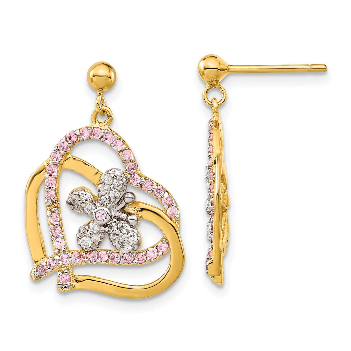 Sterling Silver Heart Shaped Drop Earrings with Pink and White Cubic Zirconia Floral Design