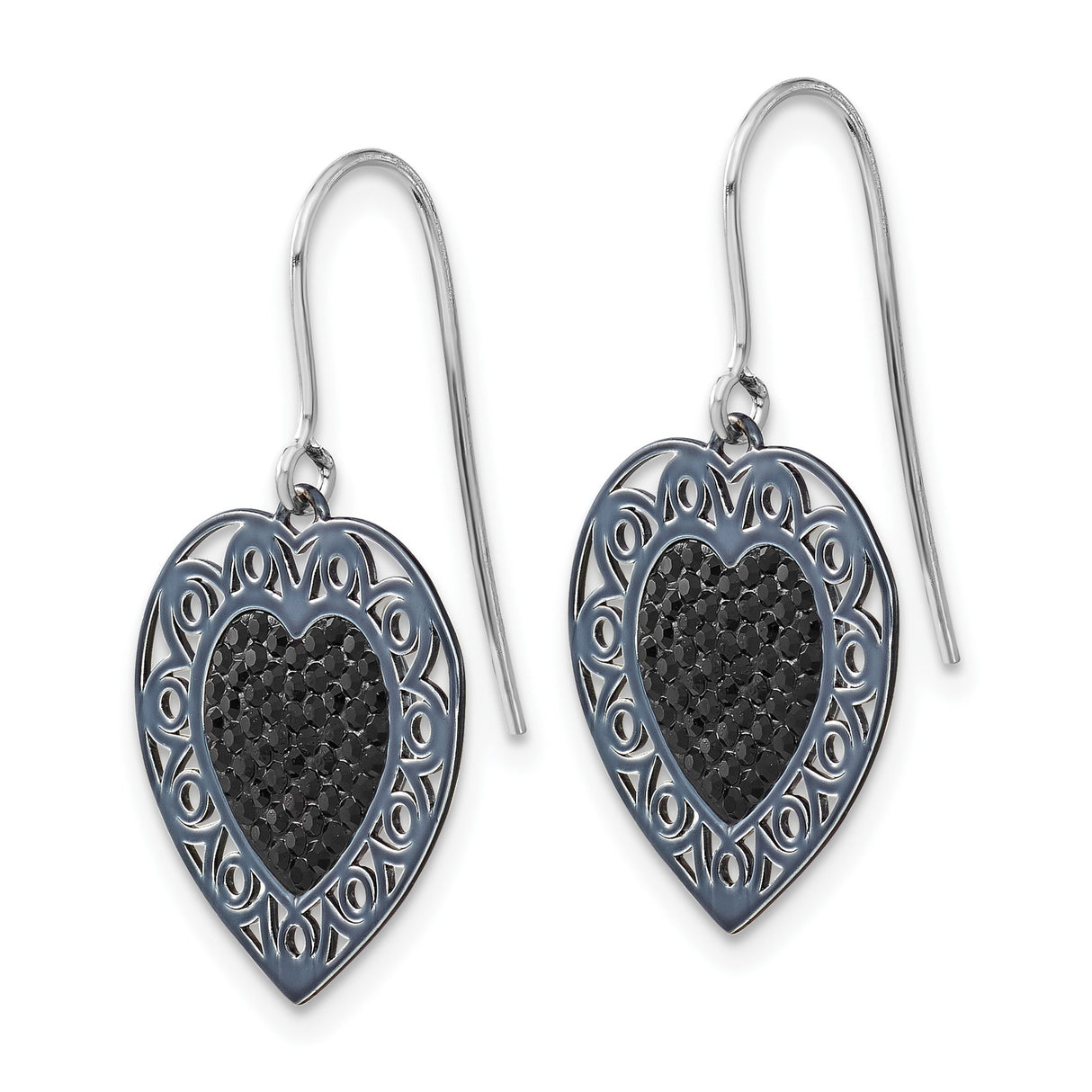 Sterling Silver Heart Dangle Earrings with Black Textured Center and Openwork Border