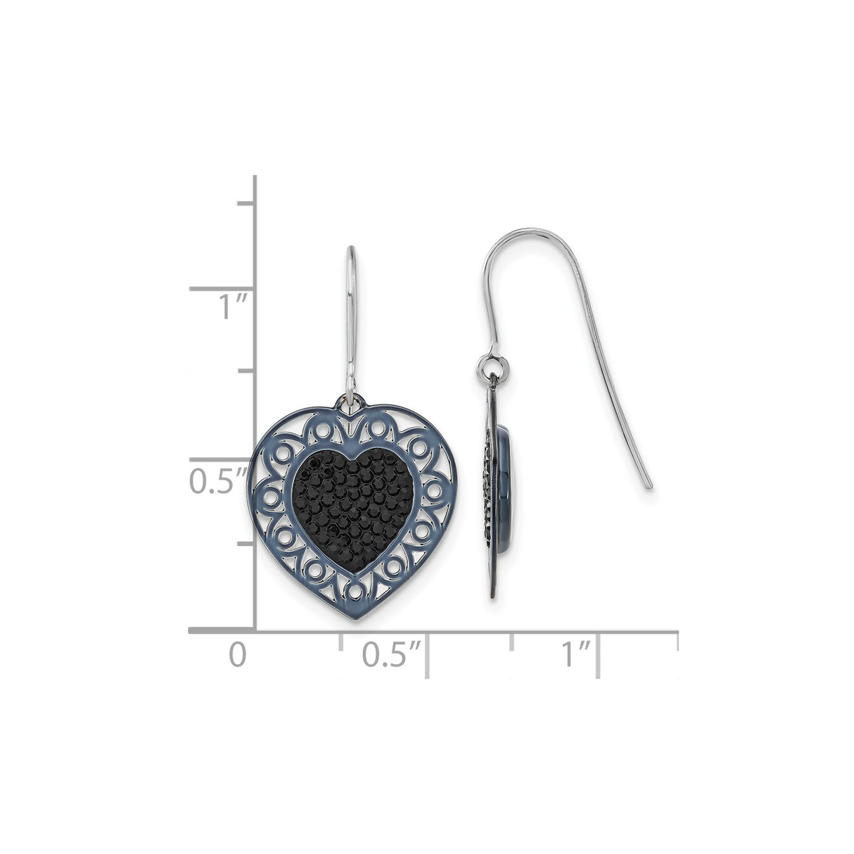 Sterling Silver Heart Dangle Earrings with Black Textured Center and Openwork Border