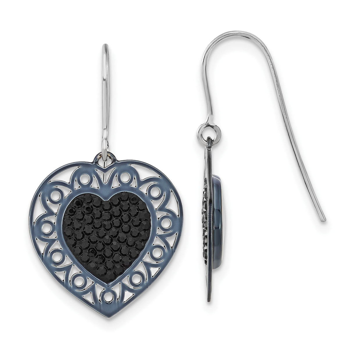 Sterling Silver Heart Dangle Earrings with Black Textured Center and Openwork Border