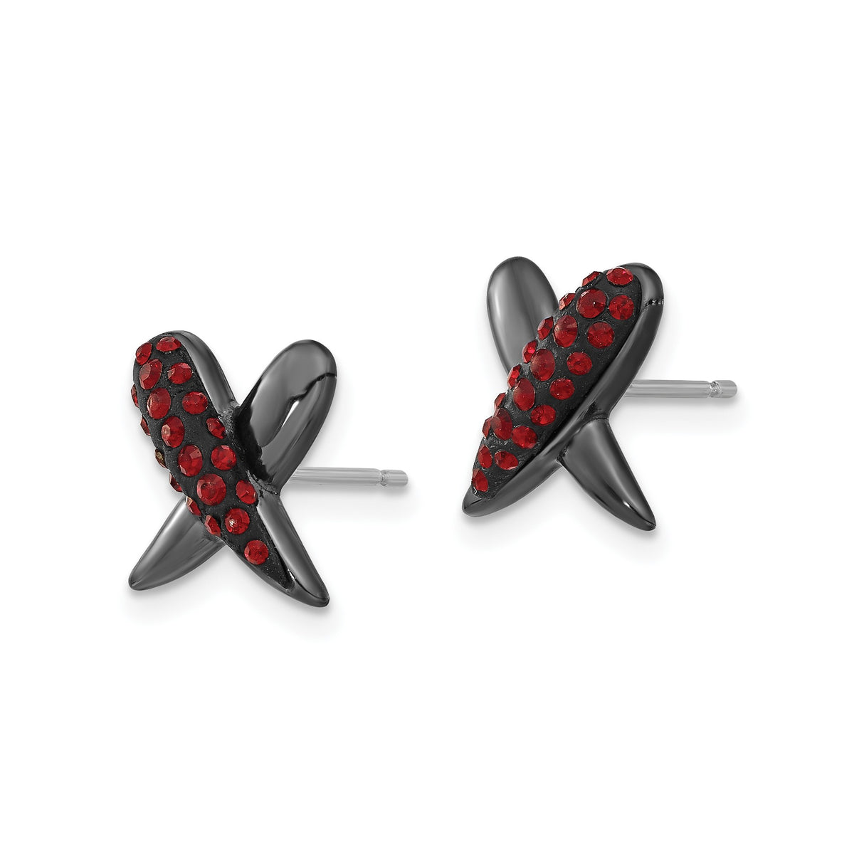 Sterling Silver X Shaped Stud Earrings with Red Crystal Accents and Black Finish