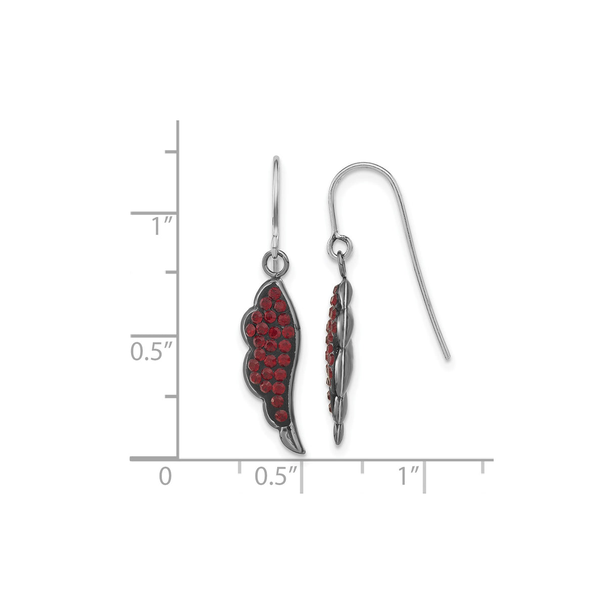 Sterling Silver Dangle Earrings with Red Crystal, Angel Wing Design, Christian Jewelry for Women