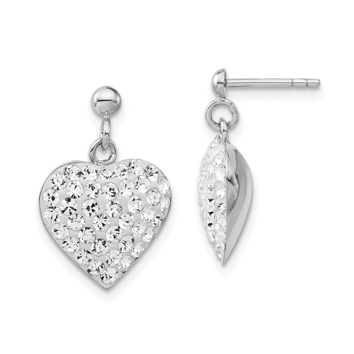Sterling Silver Heart Shaped Drop Earrings with Pave Set Cubic Zirconia for Women
