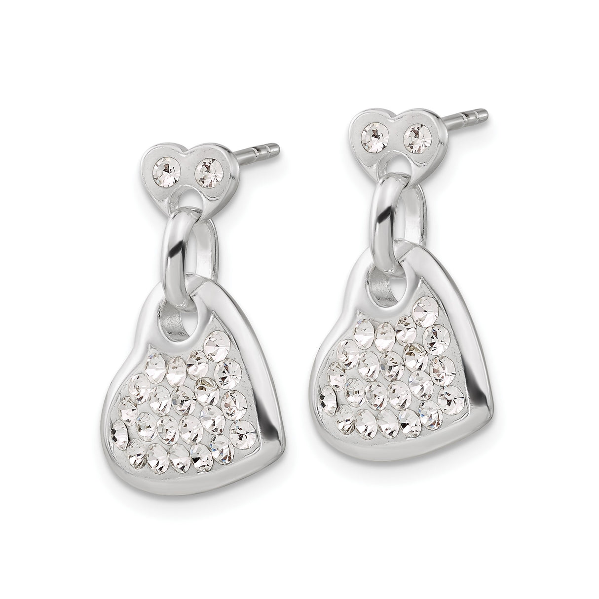 Sterling Silver Heart Dangle Earrings with Clear Crystals, Double Heart Design for Women