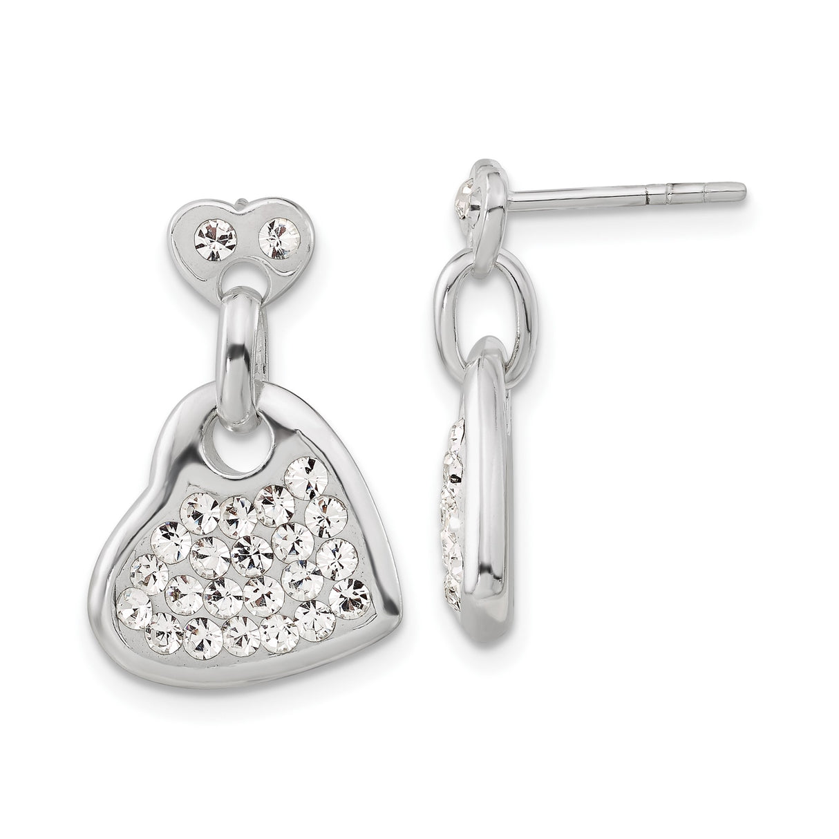 Sterling Silver Heart Dangle Earrings with Clear Crystals, Double Heart Design for Women
