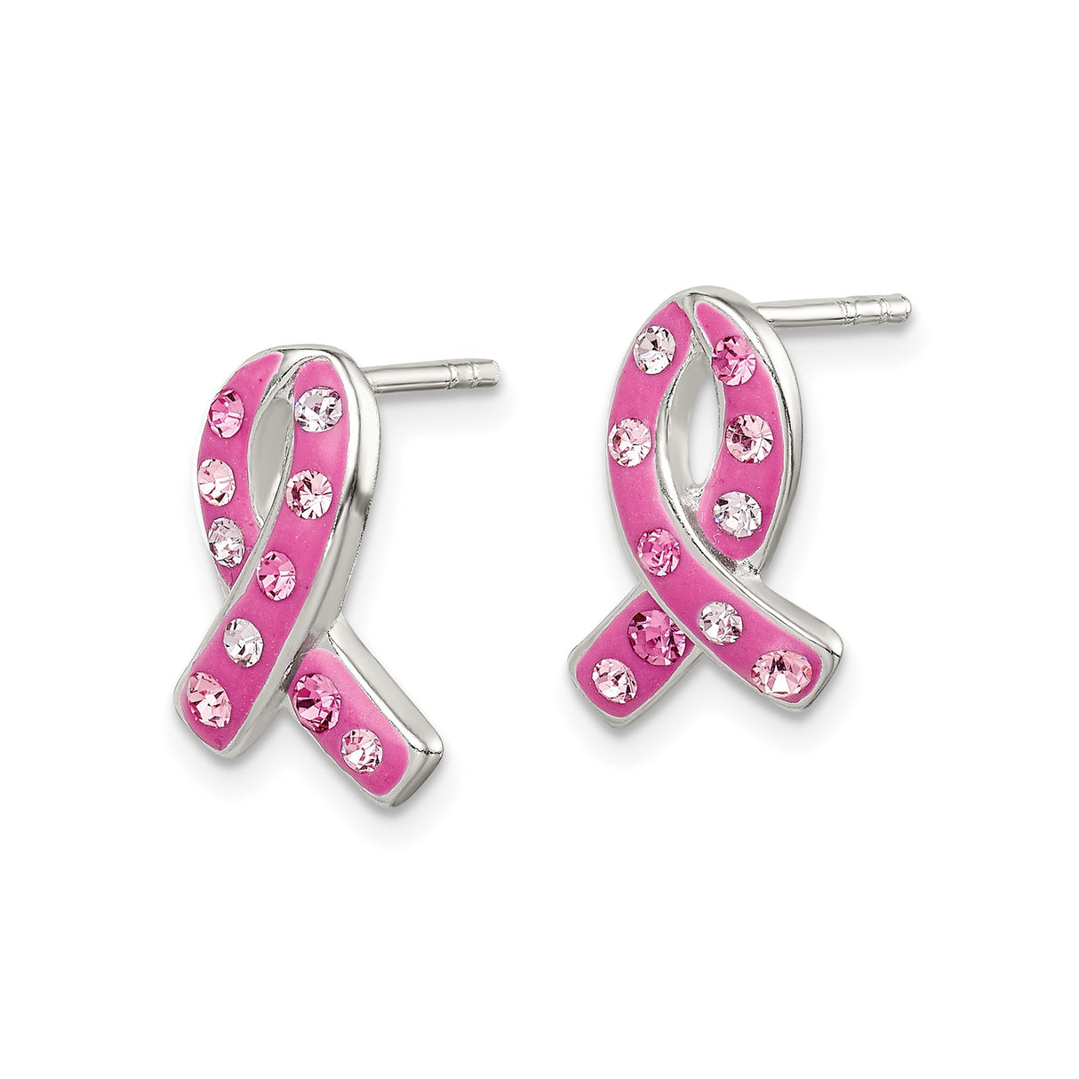 Sterling Silver Ribbon Stud Earrings with Clear Crystals, Breast Cancer Awareness Design