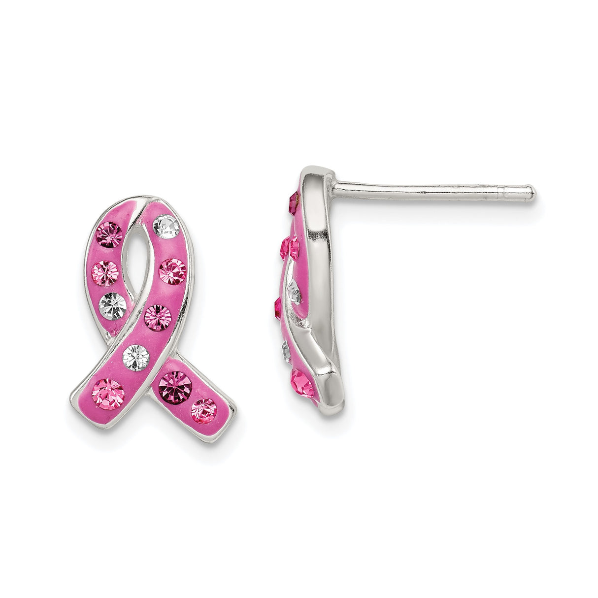 Sterling Silver Ribbon Stud Earrings with Clear Crystals, Breast Cancer Awareness Design
