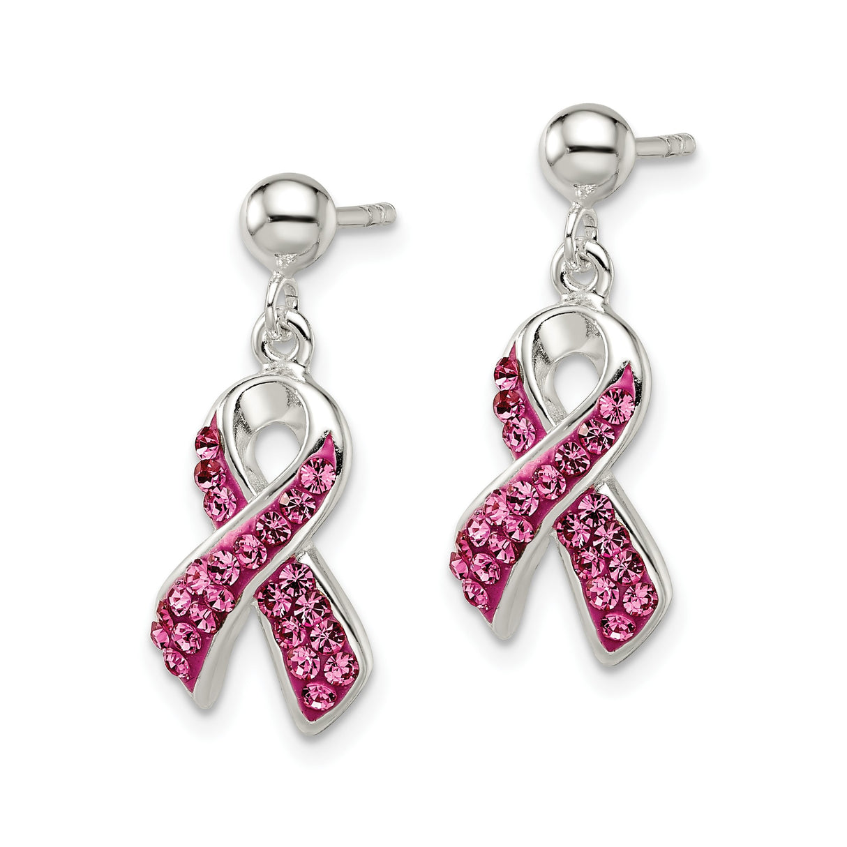 Sterling Silver Pink Ribbon Stud Earrings with Crystal Accents, Breast Cancer Awareness Jewelry