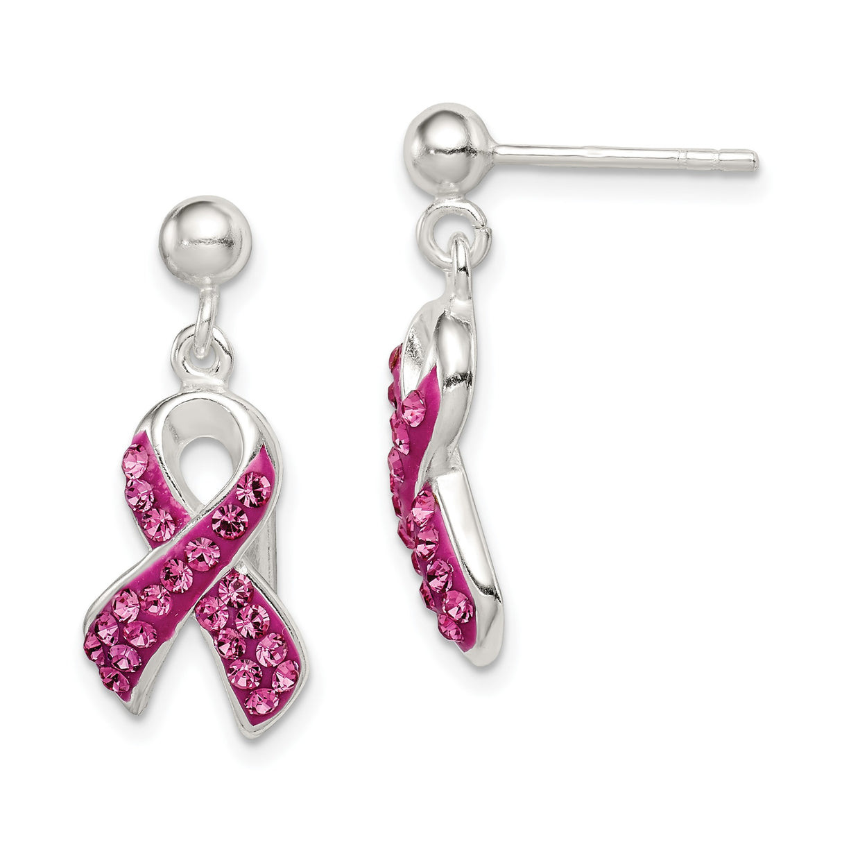Sterling Silver Pink Ribbon Stud Earrings with Crystal Accents, Breast Cancer Awareness Jewelry