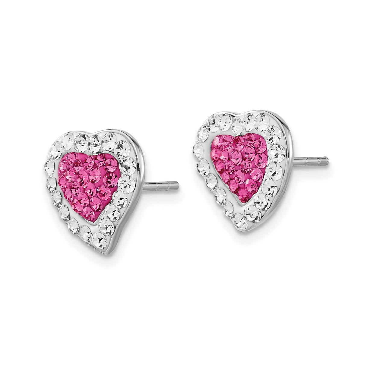 Sterling Silver Heart Shaped Stud Earrings with Pink and Clear Crystals