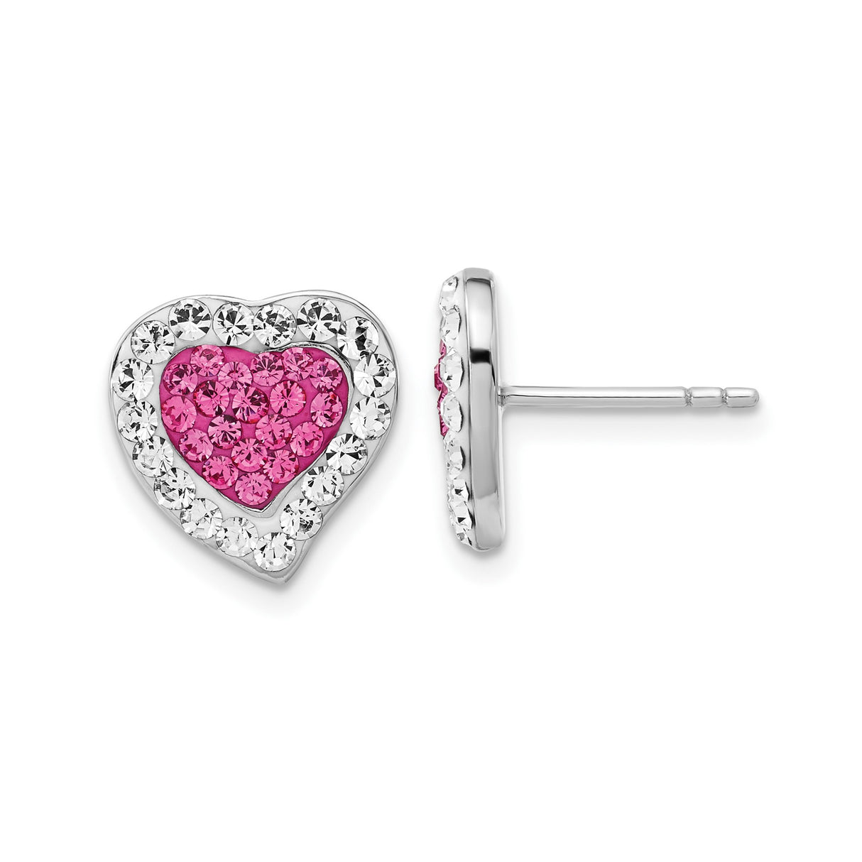 Sterling Silver Heart Shaped Stud Earrings with Pink and Clear Crystals