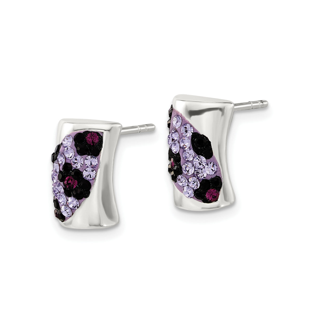 Sterling Silver Stud Earrings with Purple Pink Black Crystals, Abstract Curved Design