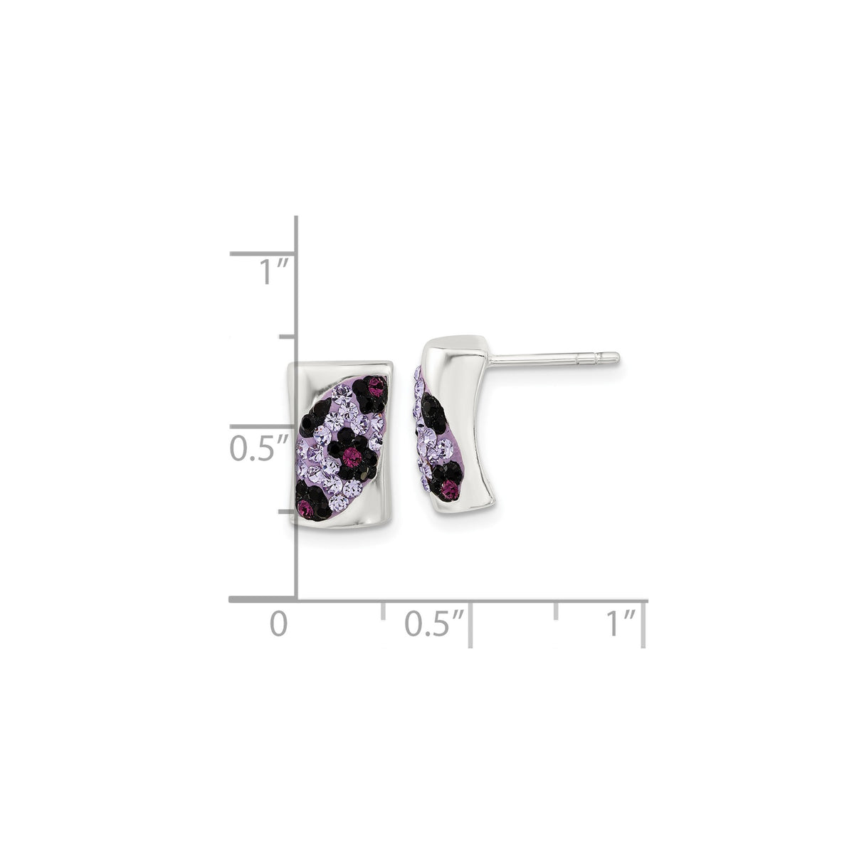 Sterling Silver Stud Earrings with Purple Pink Black Crystals, Abstract Curved Design
