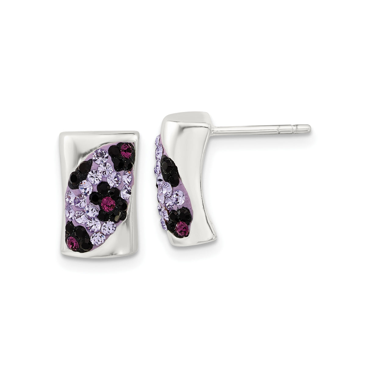 Sterling Silver Stud Earrings with Purple Pink Black Crystals, Abstract Curved Design