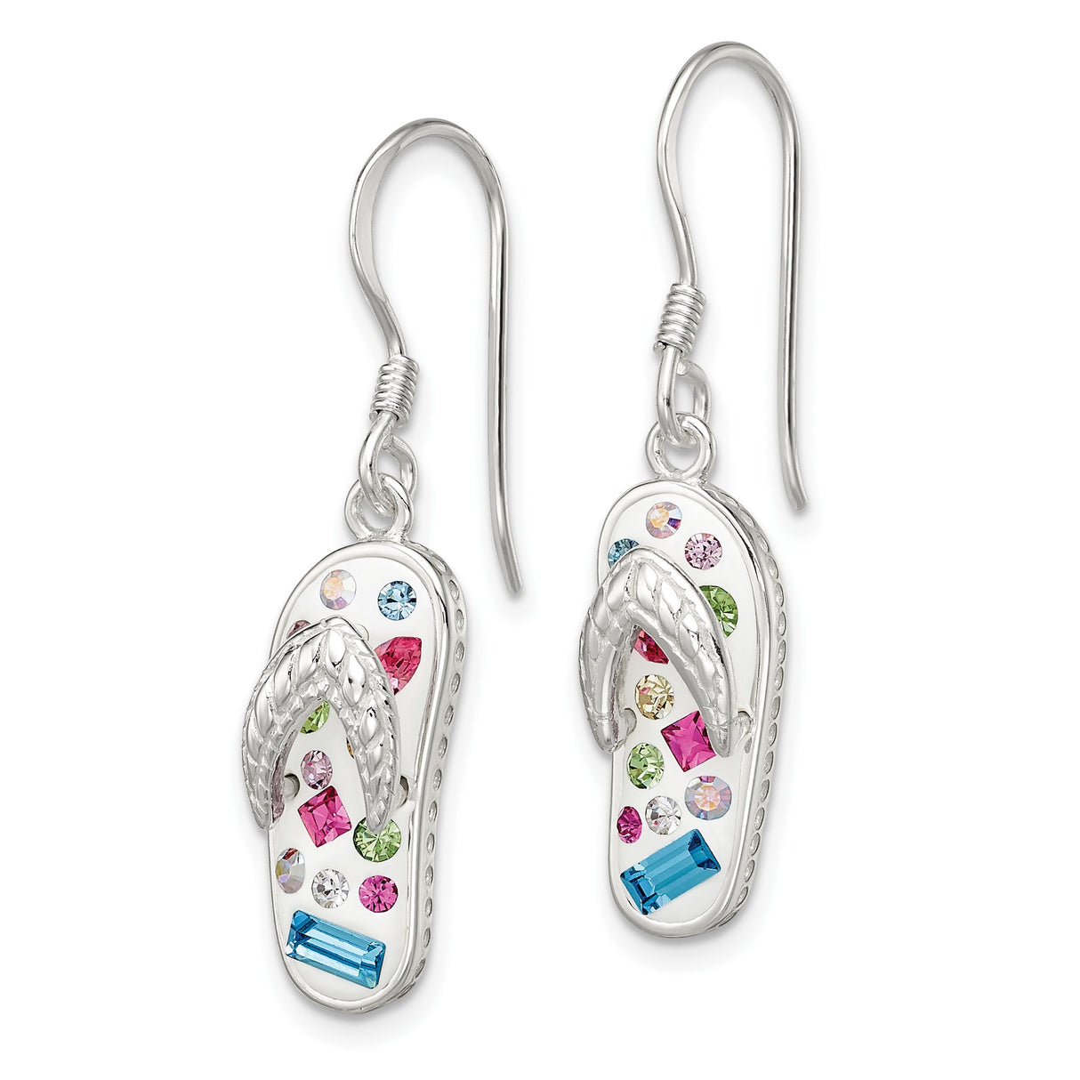 Sterling Silver Flip-Flop Dangle Earrings with Colorful Crystal Accents, Beach Sandal Design