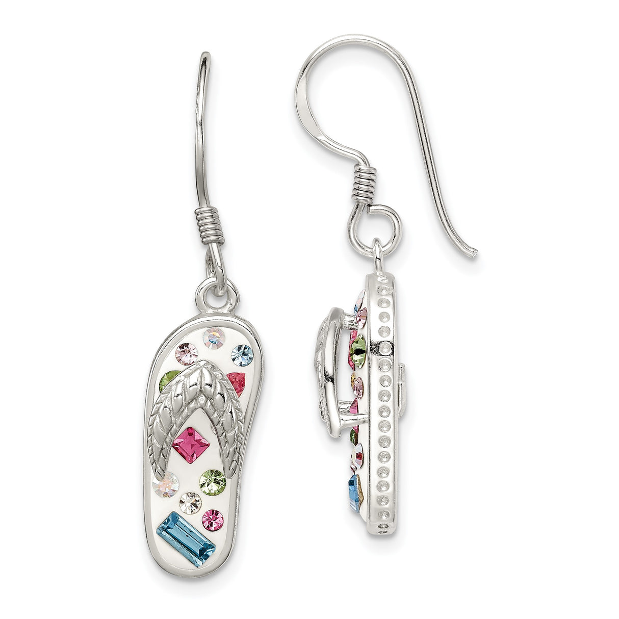 Sterling Silver Flip-Flop Dangle Earrings with Colorful Crystal Accents, Beach Sandal Design