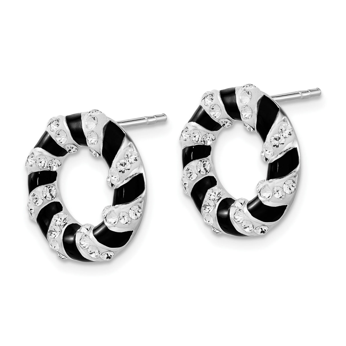 Sterling Silver Round Stud Earrings with Crystal Accents and Twisted Black Enamel Design
