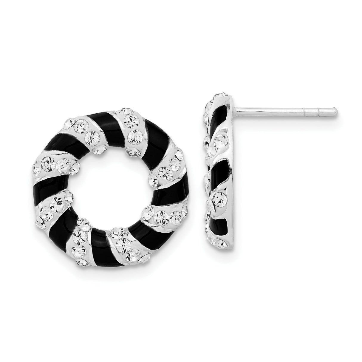 Sterling Silver Round Stud Earrings with Crystal Accents and Twisted Black Enamel Design